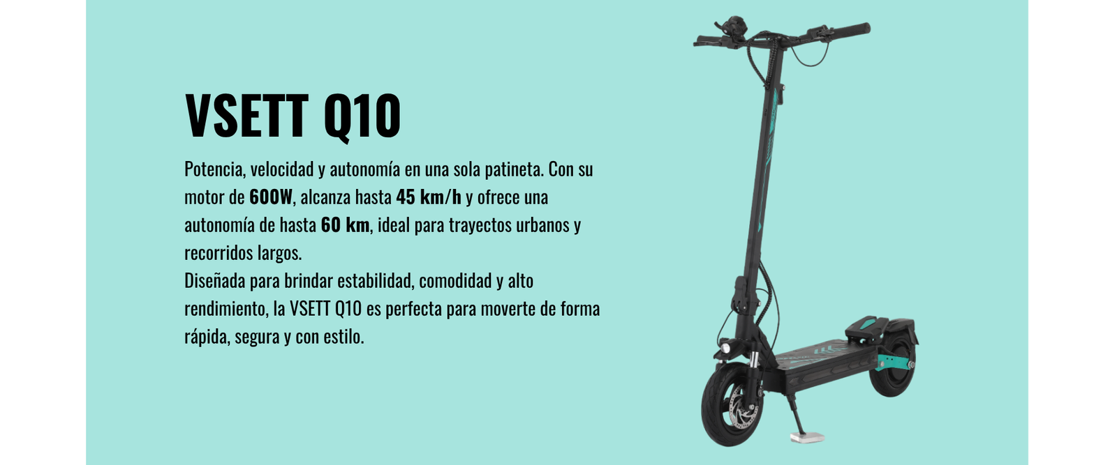 Patineta eléctrica Vsett Q10 con motor de 600W, autonomía hasta 60 km, frenos hidráulicos y llantas de 10 pulgadas